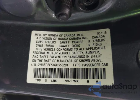 2016 Honda Civic Lx from USA, damaged, VIN 2HGFC2F51GH553201